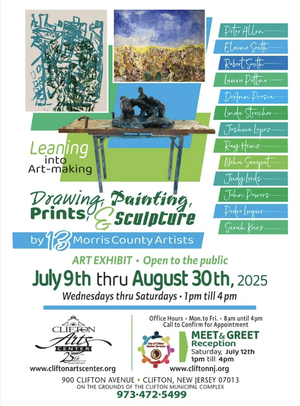 Leaning into Art-Making: Drawing, Painting, Prints and Sculpture by 13 Morris County Artists.